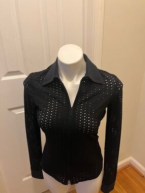 Cache Black Perforated Zip-Front Collared Top